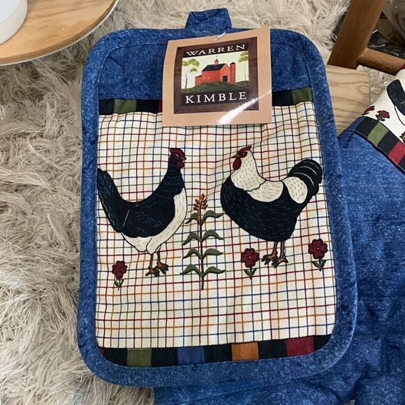 Vintage Warren Kimble Folk Art Style Hen & Rooster Oven Mitt & Hot Pad - Picture 3 of 17